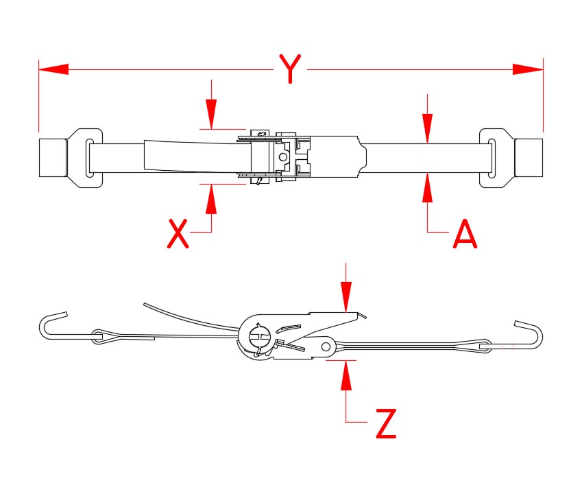 Ratchet Assembly with Flat Hooks, stainless steel flat hooks, nylon webbing, 1